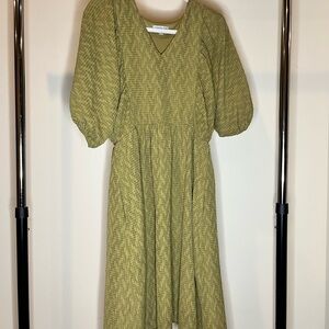 Charming Olive Midi Dress with Puff Sleeves